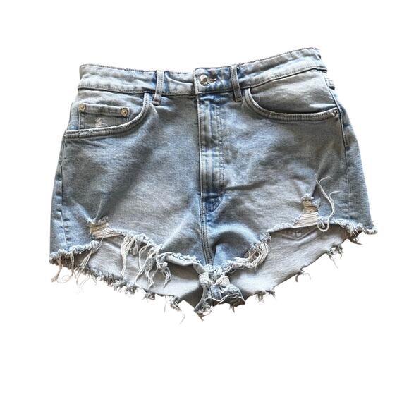ZARA Light Wash Distressed Frayed 3” Mid-Rise Denim Shorts Women’s Sz 10 - Picture 1 of 7